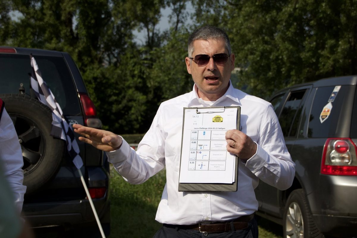 Briefing with a printed roadbook at a rally event
